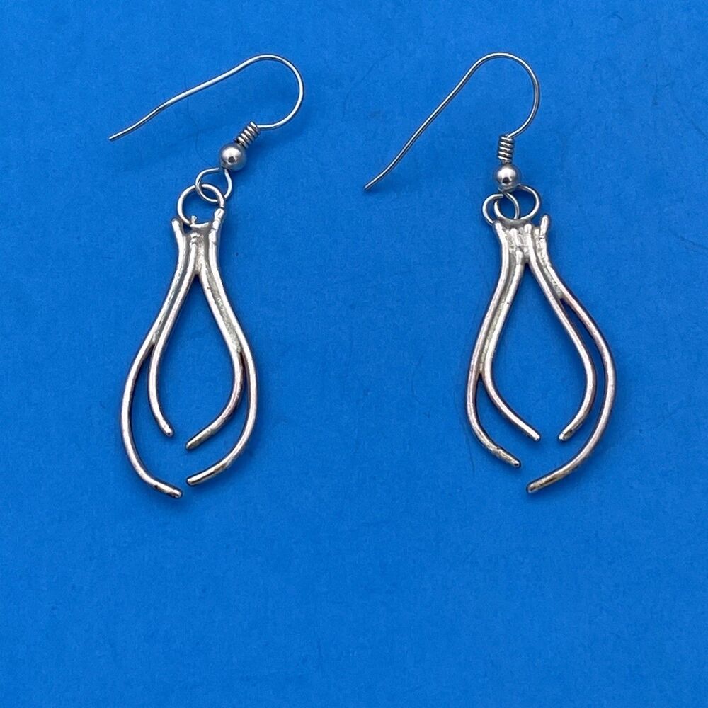 Vintage 925 Sterling Silver Wishbone Teardrop Dangle Drop Hook Earrings
